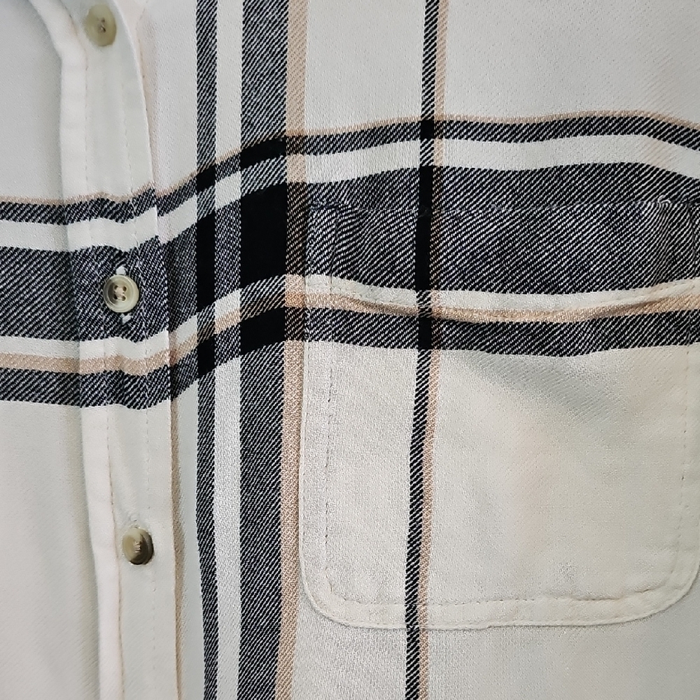 Lucky Brand Cream Black and Tan Plaid Button-Down Shirt, High Low Womens Medium - Picture 4 of 7